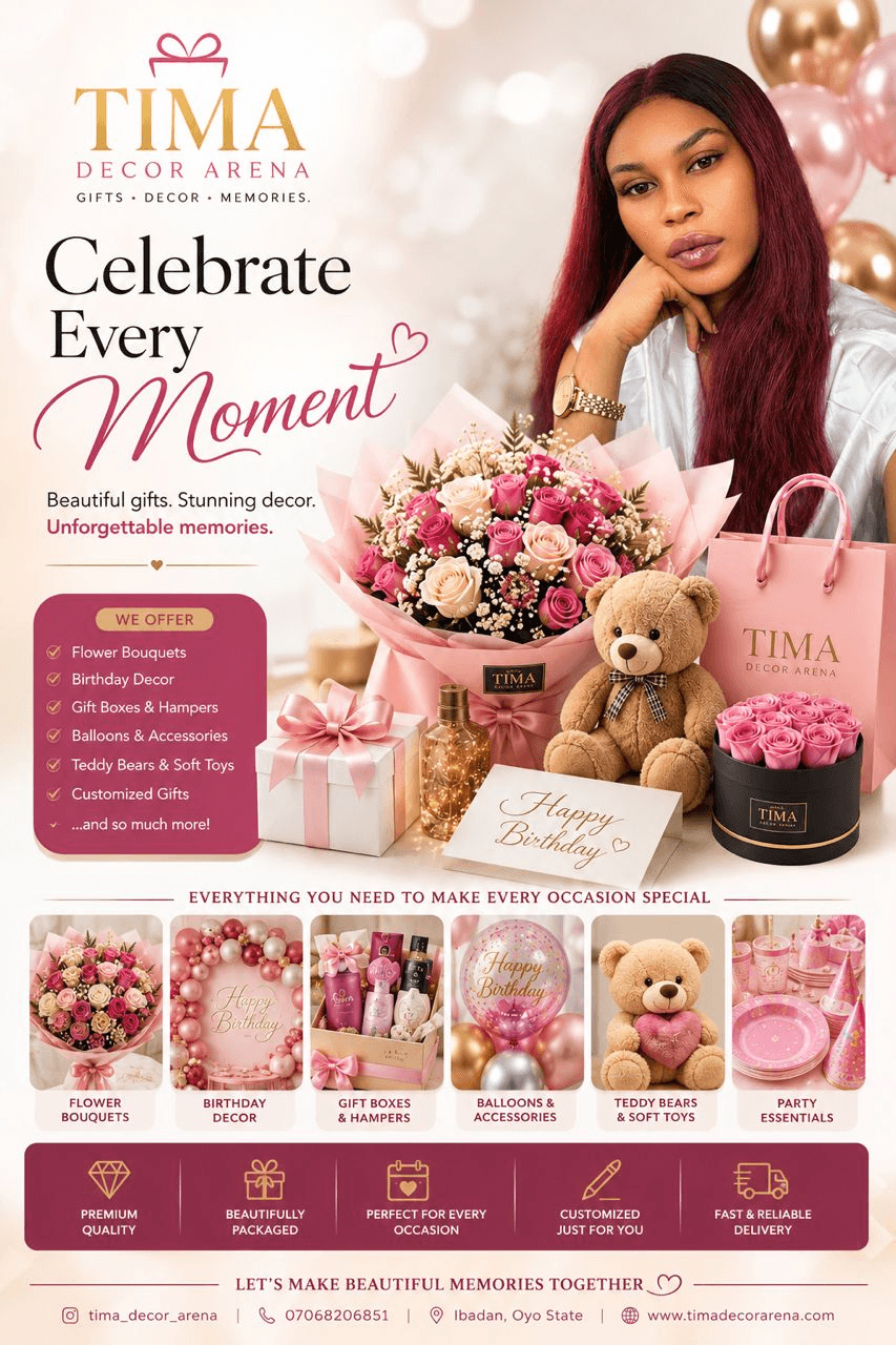 Tima Decor Arena flower bouquet, teddy bear, and gift box styled for a celebration